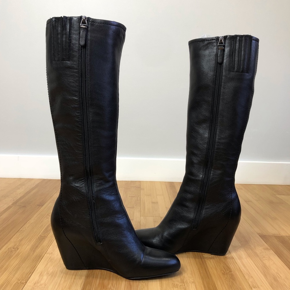 Via Spiga black leather wedge tall boots size 7.5